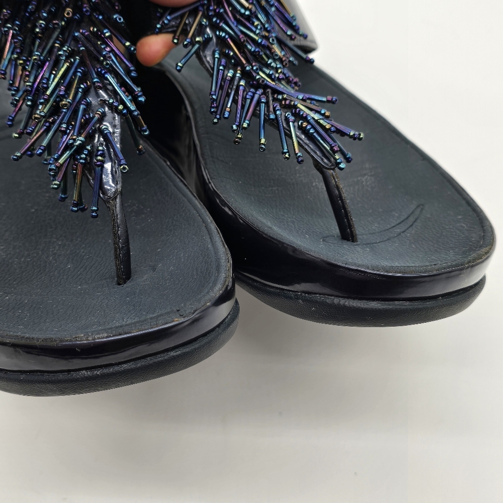 FitFlop Cha Cha Rumba Sandals Sz 8 Blue Leather Beaded Fringe Thong Platform - Picture 6 of 14